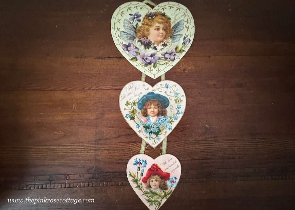 Antique Triple Heart Hanging Die-Cut Valentines Greeting Card