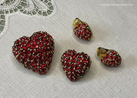 Vintage Valentines Red Pave Rhinestone Scatter Pin Hearts and Earrings