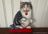 Antique Valentine's Card Die-Cut Mechanical Gray Cat