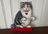 Antique Valentine's Card Die-Cut Mechanical Gray Cat