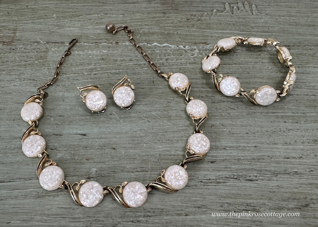 Vintage 1950's White Glitter Thermoset Necklace Earrings and Bracelet - The Pink Rose Cottage 