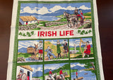 Unused Vintage Irish Life Tea Towel Shamrocks Dancing Fishing and More