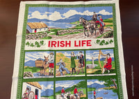Unused Vintage Irish Life Tea Towel Shamrocks Dancing Fishing and More