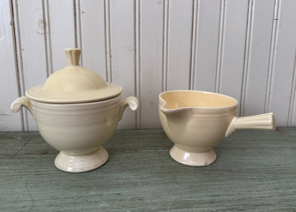 Vintage Ivory Fiesta Covered Sugar Bowl and Stick Handled Creamer - The Pink Rose Cottage 
