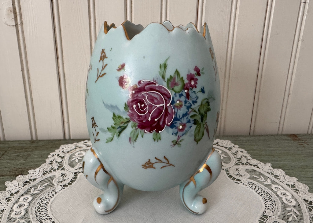Vintage Napcoware Egg Shaped Vase Blue with Pink Roses