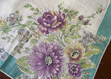 Tagged Vintage Handkerchief Purple Rose and Daisies with Teal