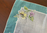 Tagged Vintage Handkerchief Purple Rose and Daisies with Teal