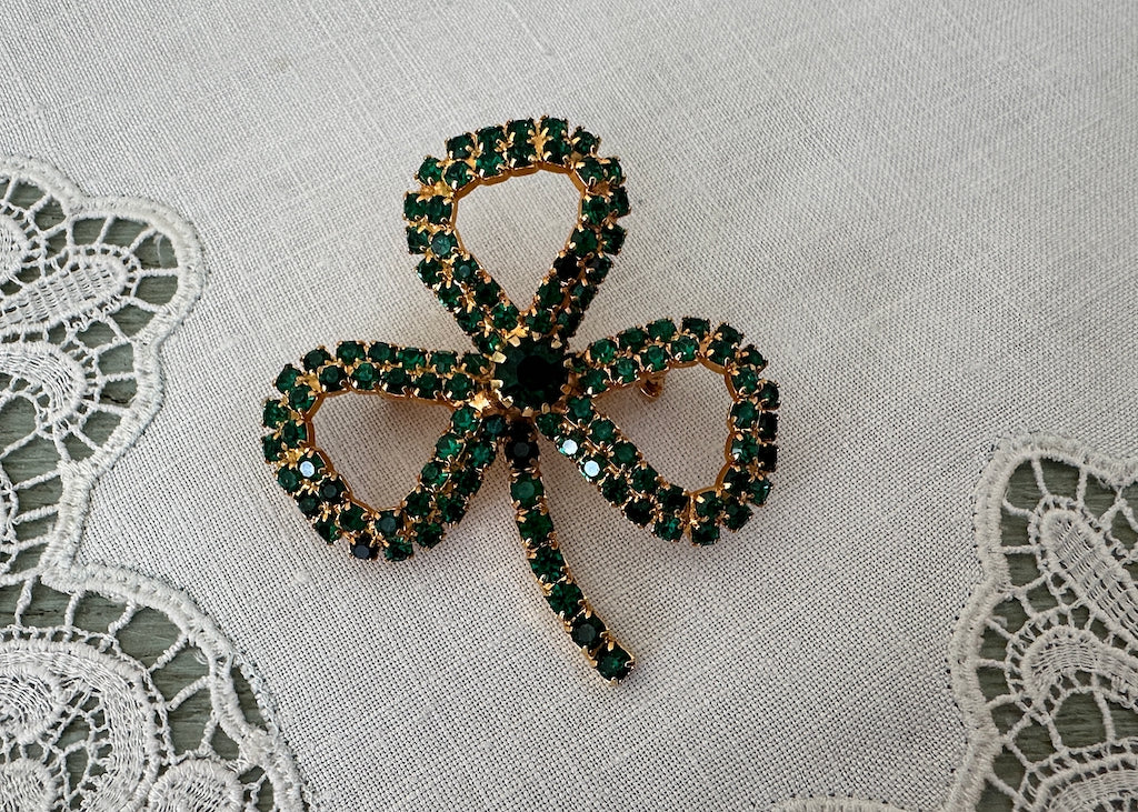 Vintage St. Pat's Day Brooch Rhinestone Clover Shamrock