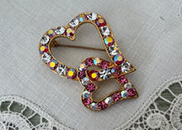 Vintage Double Red and White Rhinestone Hearts Pin - The Pink Rose Cottage 