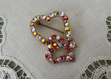 Vintage Double Red and White Rhinestone Hearts Pin - The Pink Rose Cottage 