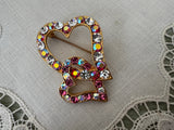 Vintage Double Red and White Rhinestone Hearts Pin - The Pink Rose Cottage 