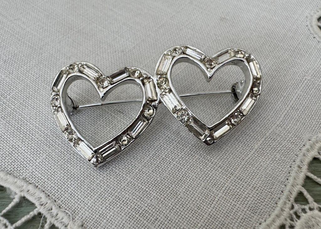 Vintage Double Heart Rhinestone Pin Valentine's Day - The Pink Rose Cottage 