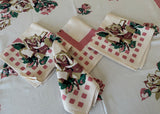 Vintage Tablecloth and Napkins Bold Stylized Roses Pink