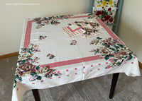 Vintage Tablecloth and Napkins Bold Stylized Roses Pink