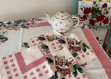 Vintage Tablecloth and Napkins Bold Stylized Roses Pink
