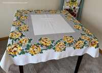 Vintage Yellow Chrysanthemums on Gray Tablecloth