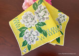Yellow Vintage Tagged Herrmann Handkerchief with White Gray Roses