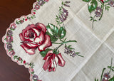 Vintage Pink Rose and Purple Violet Floral Handkerchief