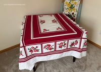 Vintage Startex Starmont Maroon Tablecloth with Deep Pink Roses