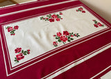 Vintage Startex Starmont Maroon Tablecloth with Deep Pink Roses