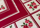 Vintage Startex Starmont Maroon Tablecloth with Deep Pink Roses