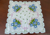 Vintage Blue Rose White Lily of the Valley Pink Ribbon and Bow Handkerchief