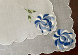 Unused Vintage Blue and White Chrysanthemum Embroidered Handkerchief