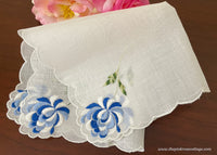 Unused Vintage Blue and White Chrysanthemum Embroidered Handkerchief