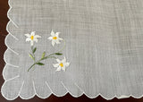 Vintage Embroidered White Daisies Handkerchief