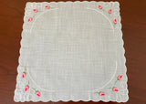 Vintage Blue Embroidered Pink Rosebud Handkerchief