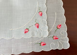 Vintage Blue Embroidered Pink Rosebud Handkerchief