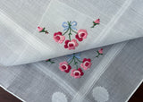 Vintage Embroidered Pink Rose Blue Bow Handkerchief