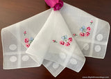 Vintage Embroidered Pink Rose Blue Bow Handkerchief