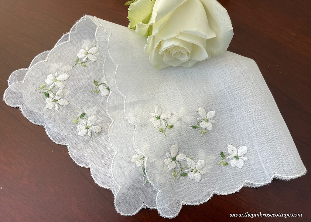 Vintage White Cottage Violet Embroidered Handkerchief
