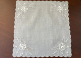 Vintage White Rose Embroidered Cutwork Handkerchief
