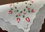 Vintage Pink Rosebud White Floral Wreath Embroidered Handkerchief