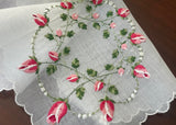Vintage Pink Rosebud White Floral Wreath Embroidered Handkerchief