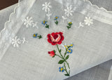 Vintage Pink Rose Blue Forget Me Not White Daisy Floral Embroidered Handkerchief