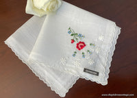 Vintage Pink Rose Blue Forget Me Not White Daisy Floral Embroidered Handkerchief
