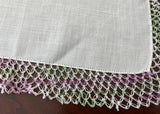 Vintage Irish Linen Handkerchief with Purple and Green Hairpin Lace Edge