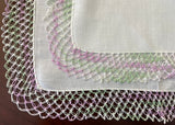 Vintage Irish Linen Handkerchief with Purple and Green Hairpin Lace Edge