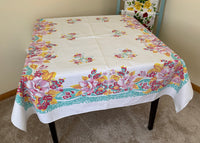 Vintage Teal and Pink Roses and Bows Tablecloth