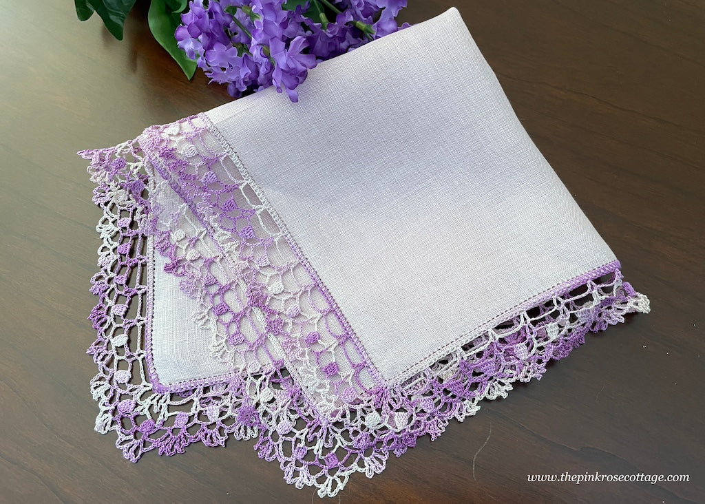 Vintage Lilac and Purple Irish Linen Handkerchief with Crochet Lace Edge