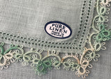 Vintage Green Irish Linen Handkerchief Lace Edge Tatting with Tag