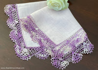Vintage Lavender Purple Irish Linen Handkerchief with Crocheted Lace Edge