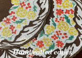 Vintage Yellow Red Brown Scalloped Wildflower Handkerchief