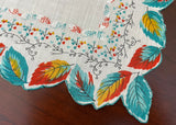 Vintage Teal Red and Yellow Handkerchief with Fall Leaves