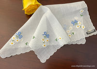 Vintage White Daisy and Blue Bow Embroidered Handkerchief with Tag