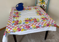 Vintage Lattice with Zinnia Blue Star Flower Primrose Tablecloth