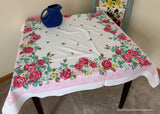 Vintage Red Roses Daisies Pink Scroll Tablecloth